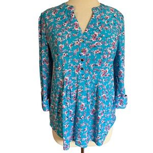COCOMO Large Blue pink floral 3/4 sleeve women’s Pintuck Blouse top shirt